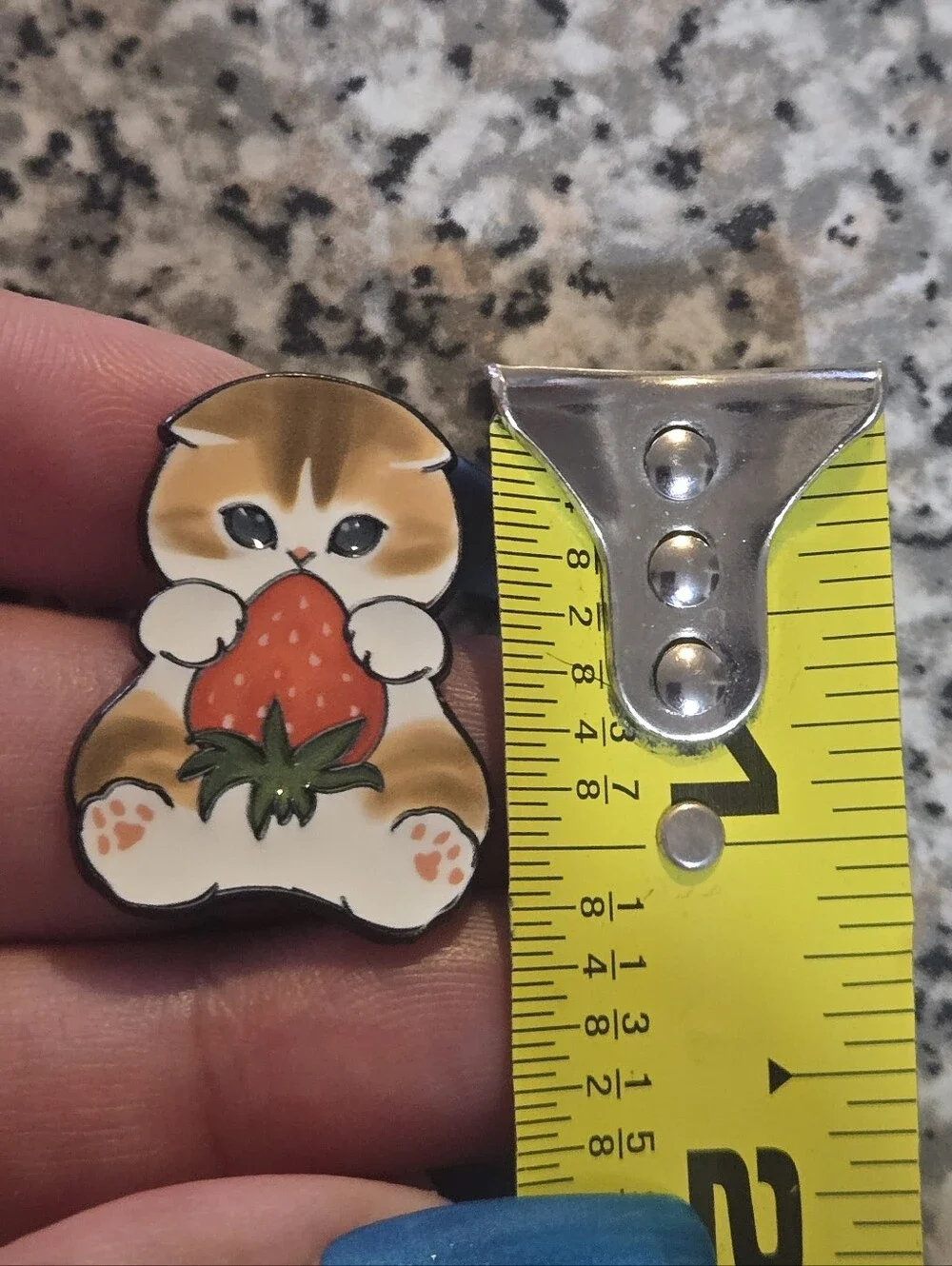 Cute Cat Holding Strawberry Enamel Pin - Brown & White with Red Strawberry